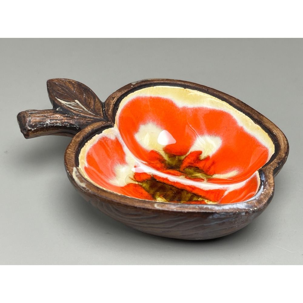 Vtg 1962 Treasure Craft Apple Trinket Dish Orange Glaze Wood Grain Ceramic 3"x4"